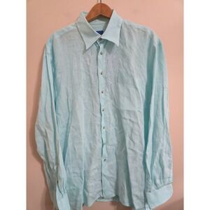 Ben Silver The Charleston Shirt Mens Large Aqua Blue 100% Linen Made in Canada